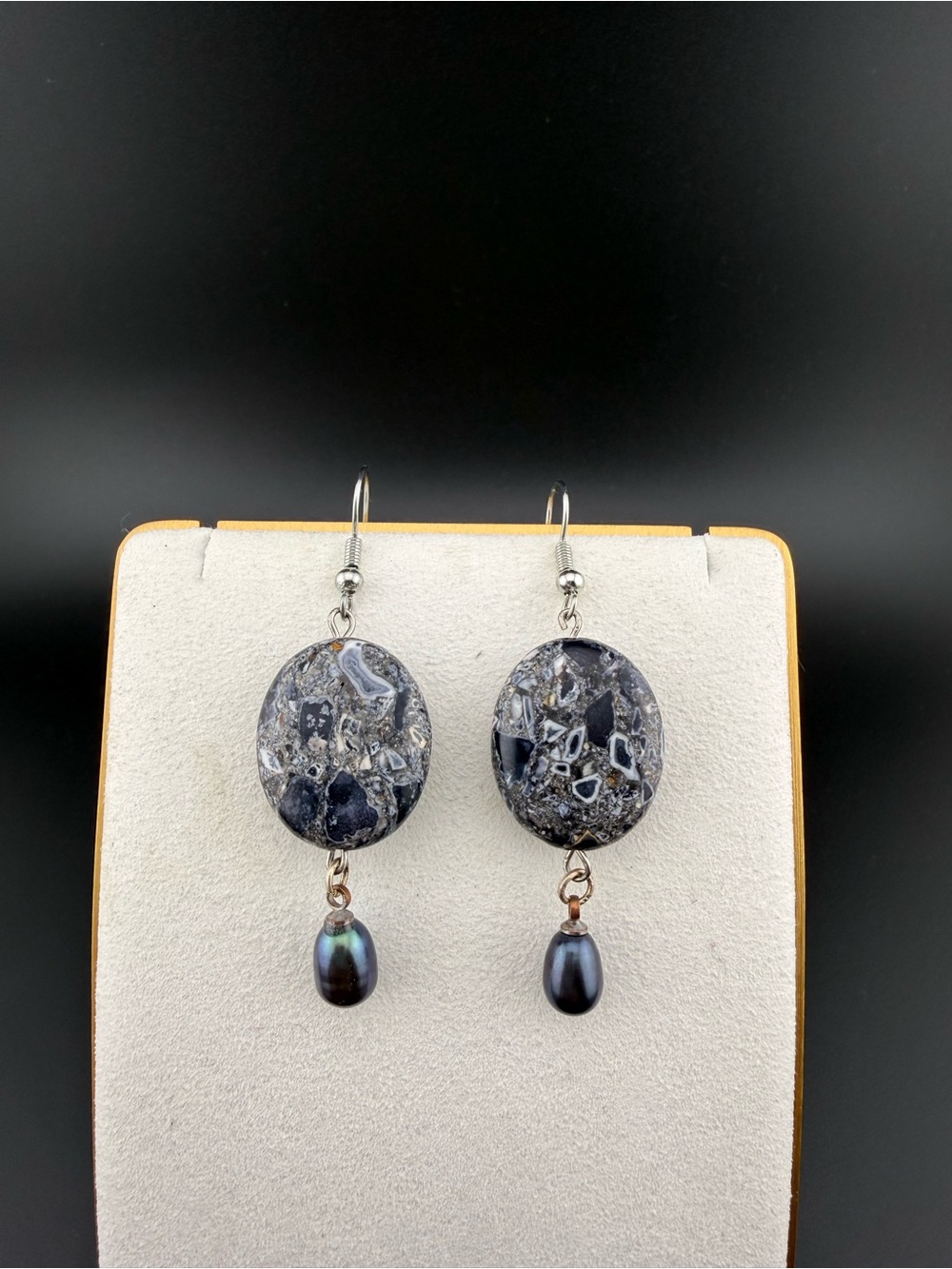 Handcrafted Grey Jasper Drop Earrings with Black Pearl Accent